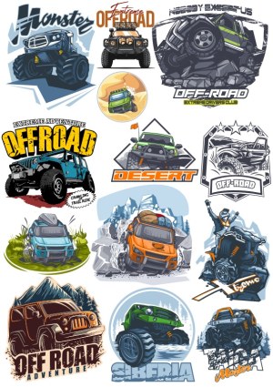 Set of Off-Road Adventure and Monster Truck Vector Illustrations Free Vector