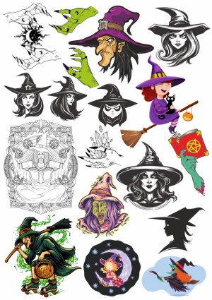 Collection of Witch and Halloween-Themed Vector Illustrations Free Vector