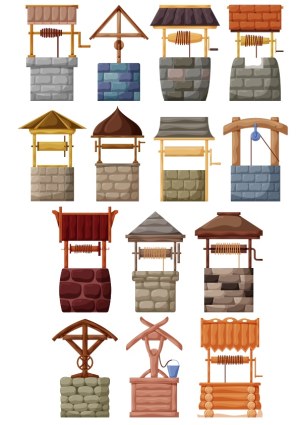 Collection of Various Stone and Wood Water Wells with Pulleys Free Vector