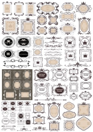 Set of Classic Vintage Frames and Decorative Borders with Crowns Free Vector