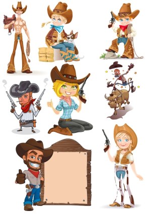 Cartoon Cowboy and Cowgirl Characters with Western Props Free Vector
