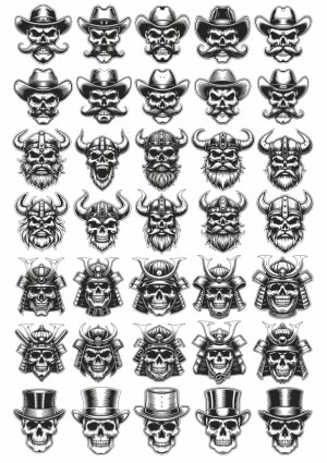 Collection of Skulls Wearing Cowboy, Viking, Samurai, and Top Hats Free Vector
