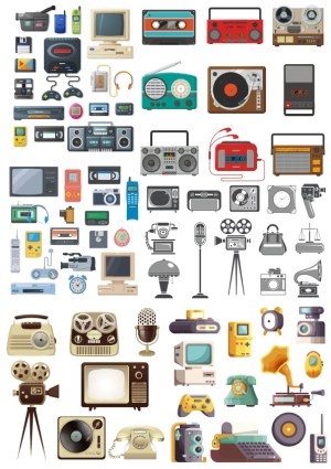 Collection of Retro and Vintage Electronics and Media Devices Vector Icons Free Vector
