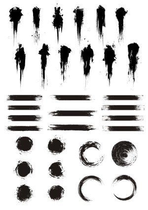 Set of Black Grunge Ink Brush Strokes and Circular Paint Smudges Free Vector