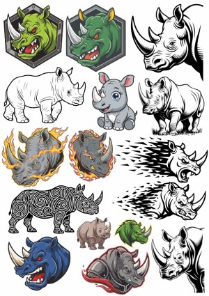 Rhino Vector Collection with Various Artistic Styles and Expressions Free Vector