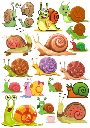 Collection of Cartoon Snail Characters with Various Expressions and Colors Free Vector