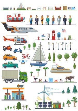 Urban and Nature Vector Elements with Vehicles, People, Trees, and Infrastructure Free Vector