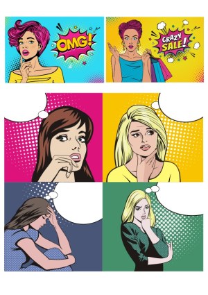 Pop Art Comic Style Women Expressions with Speech Bubbles and Sale Signs Free Vector