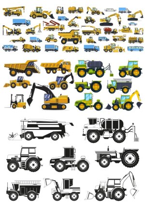 Collection of Construction and Agricultural Vehicles in Color and Monochrome Free Vector