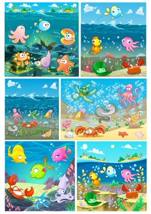 Colorful Cartoon Underwater Sea Creatures Vector Set Free Vector