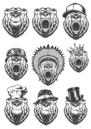 Roaring Bear Heads with Various Hats and Accessories Vector Set Free Vector