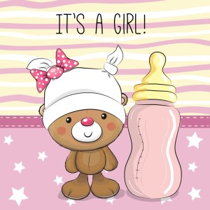 Cute Baby Girl Announcement with Teddy Bear and Bottle Vector Free Vector