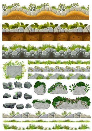 Seamless Stone and Grass Ground Borders with Rock Elements Free Vector