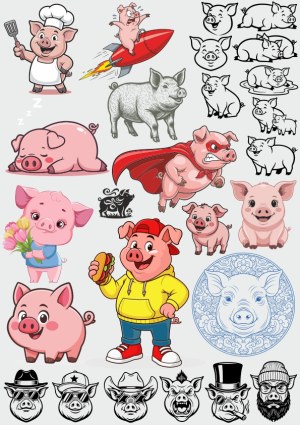 Cartoon and Sketch Pig Characters Collection Free Vector