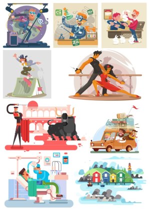 Diverse Cartoon Illustrations Including Musician, Scientist, Dancers, and Travel Scenes Free Vector