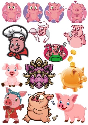 Collection of Cartoon Pig Characters with Various Expressions and Themes Free Vector