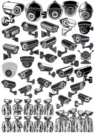 Collection of Surveillance Security Cameras and Humanoid CCTV Figures Free Vector