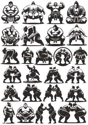 Black and White Sumo Wrestlers Poses and Wrestling Vector Set Free Vector