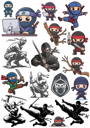 Collection of Cartoon and Silhouette Ninja Characters in Various Poses Free Vector