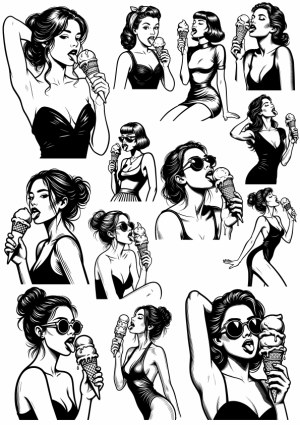 Black and White Vector Illustrations of Women Eating Ice Cream Free Vector