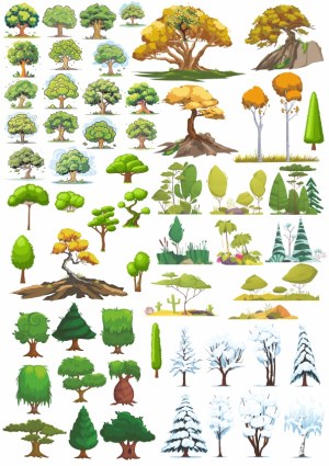 Variety of Illustrated Trees and Plants in Different Seasons and Styles Free Vector