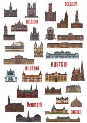 Vector Illustrations of Famous Belgium, Austria, Denmark, and Sweden Landmarks Free Vector