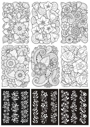 Collection of Detailed Black and White Floral and Paisley Vector Designs Free Vector