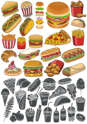 Set of Colorful and Monochrome Fast Food Vector Illustrations Free Vector