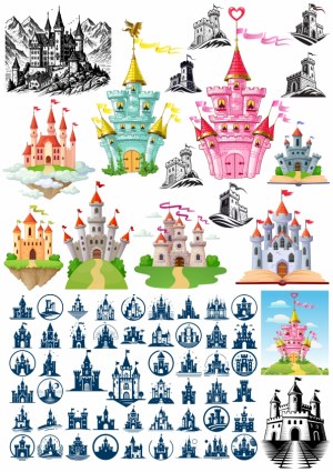 Collection of Colorful and Monochrome Castle Illustrations and Icons Free Vector