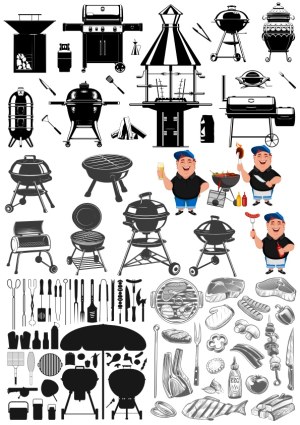 Barbecue Grills, Tools, and Food Vector Set Free Vector