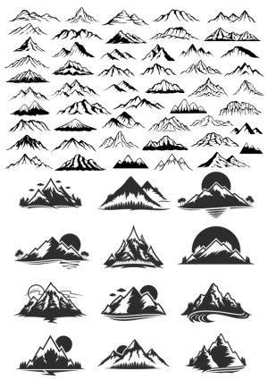 Collection of Black and White Mountain Vector Illustrations Free Vector