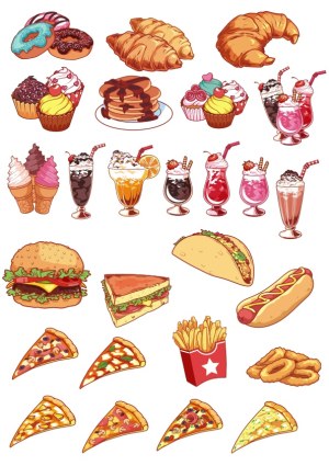 Variety of Fast Food and Desserts Vector Illustrations Free Vector