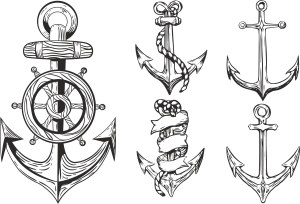 Hand-drawn Nautical Anchors and Ship Wheel Vector Set Free Vector