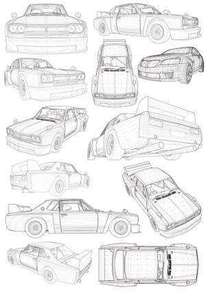 Wireframe Vector Illustrations of Classic Sports Cars in Multiple Views Free Vector