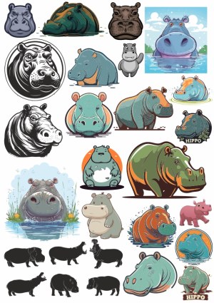 Collection of Hippo Vector Illustrations and Silhouettes Free Vector