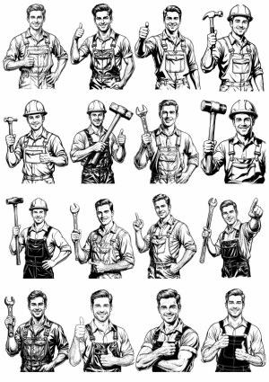 Set of Male Construction and Mechanic Workers with Tools in Black and White Sketch Style Free Vector