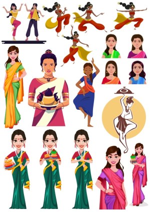 Illustrations of Indian Women in Traditional Attire and Dance Poses Free Vector