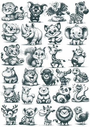 Set of Cute Cartoon Wild Animal Sketches Free Vector