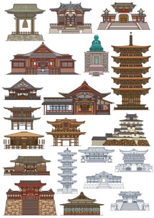 Detailed Vector Illustrations of Traditional Japanese Temples and Architectural Structures Free Vector