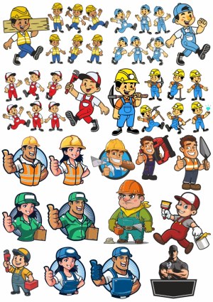 Collection of Cartoon Construction and Worker Characters in Various Poses Free Vector