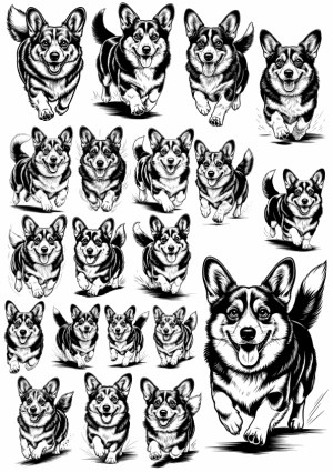Black and White Vector Illustrations of Running Corgi Dogs Free Vector
