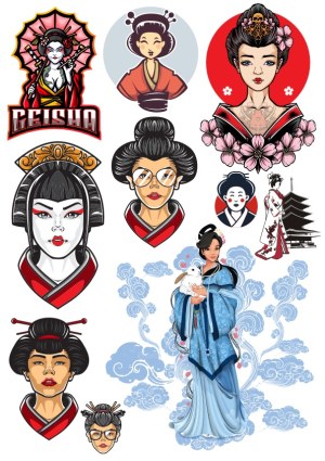 Collection of Geisha and Traditional Japanese Woman Vector Illustrations Free Vector