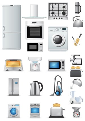 Set of Modern Household Kitchen and Laundry Appliances Vector Free Vector
