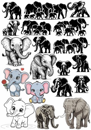 Collection of Black and White and Colorful Elephant Vector Illustrations Free Vector