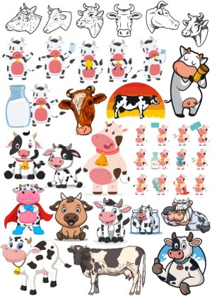 Collection of Cartoon and Realistic Cow and Dairy-Themed Vector Illustrations Free Vector