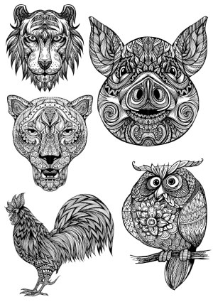 Intricate Black and White Animal Headline Vector Set Free Vector
