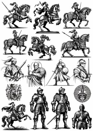 Medieval Knights in Armor and Mounted Cavalry Black and White Vector Art Free Vector