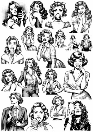 Black and White Retro Pin-Up Women Vector Illustrations Free Vector