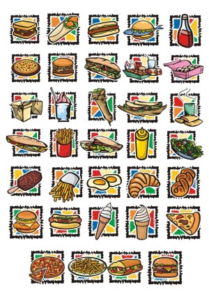 Colorful Fast Food and Snacks Icon Set Free Vector