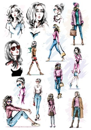 Fashionable Women Vector Illustrations in Various Poses and Styles Free Vector